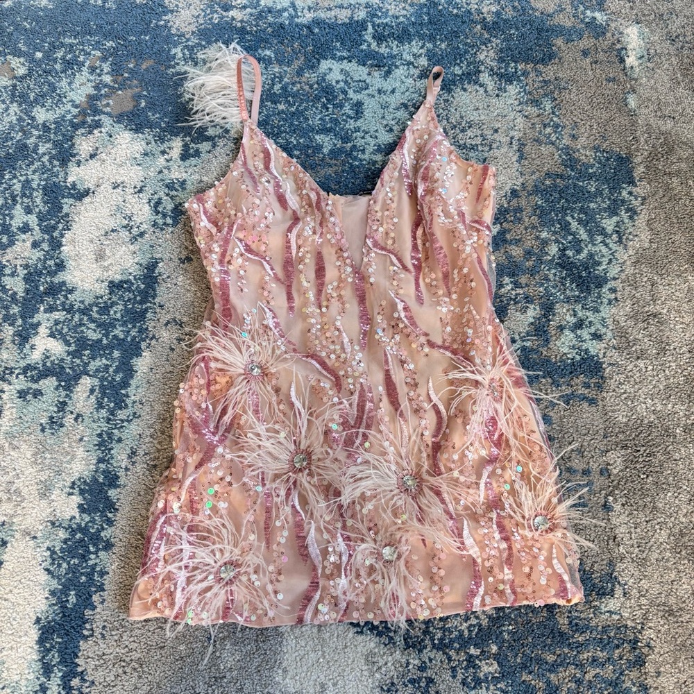 Bella Barnett Klauda Pink Mini Dress sequins feathers New Years Eve sz Large